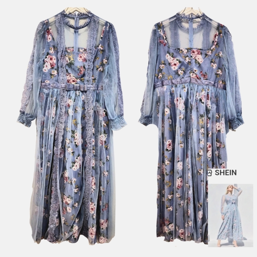 SHEIN Blue Ruffled Tiered Long Sleeve Sundress